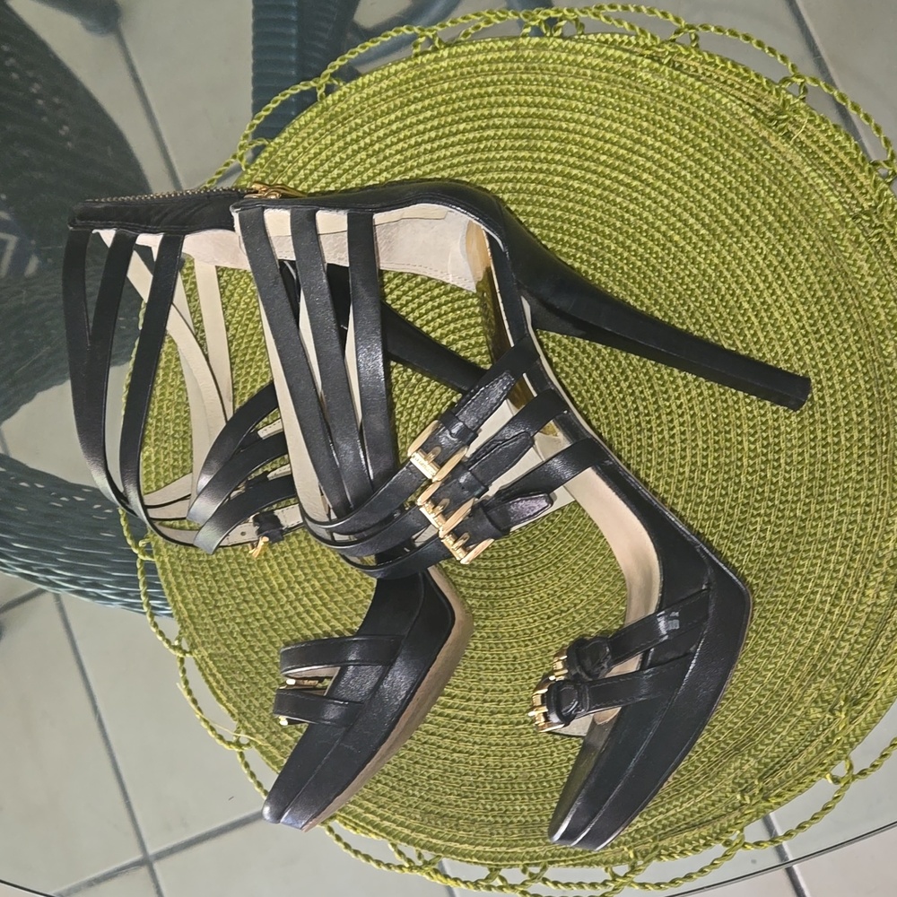 High heel slight platform MK leather strappy black shoes.